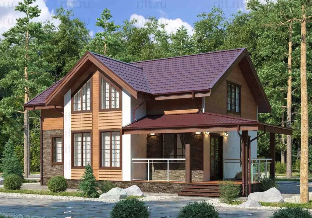 Современный двухэтажный дом с большими окнами, покатой темно-коричневой крышей, акцентами из дерева и камня и крытым крыльцом — идеальный пример каркасного дома в Московской области, окруженного деревьями и зеленью.